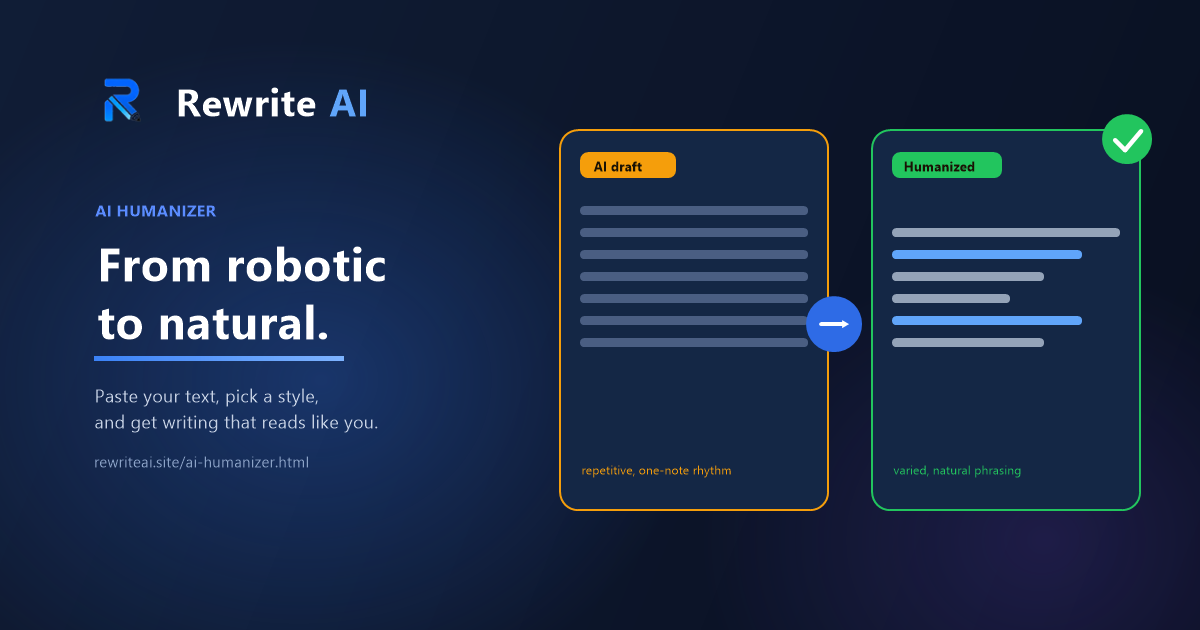 Illustration of an AI draft panel transforming into a humanized version with natural, varied phrasing